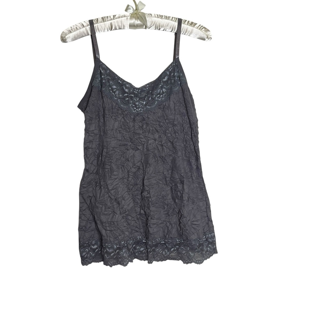 Vtg Y2K Dress Barn Med Lace Trim Camisole Top Gray Crinkle Forest Fairy Grunge